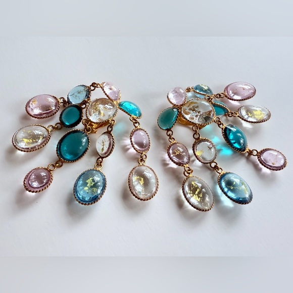 Vintage French Gripoix Poured Glass Chandelier Earrings Pink Blue Gold Leaf Foil - Picture 9 of 16